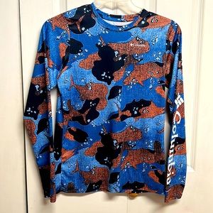 Columbia Multi Color Fish Print Long Sleeve Stretch Shirt Teen Size XL
